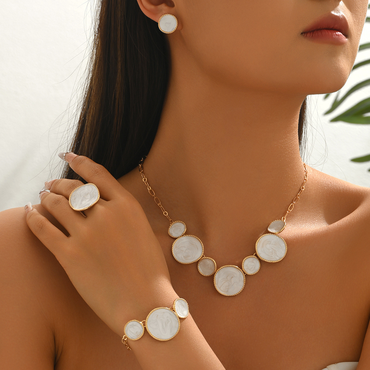 Elegant French Gold Color White Enamel Jewelry Set Women Dainty Round Necklace Bracelet Earrings Ring Party Jewelry