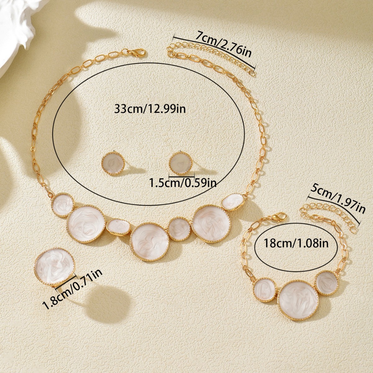 Elegant French Gold Color White Enamel Jewelry Set Women Dainty Round Necklace Bracelet Earrings Ring Party Jewelry