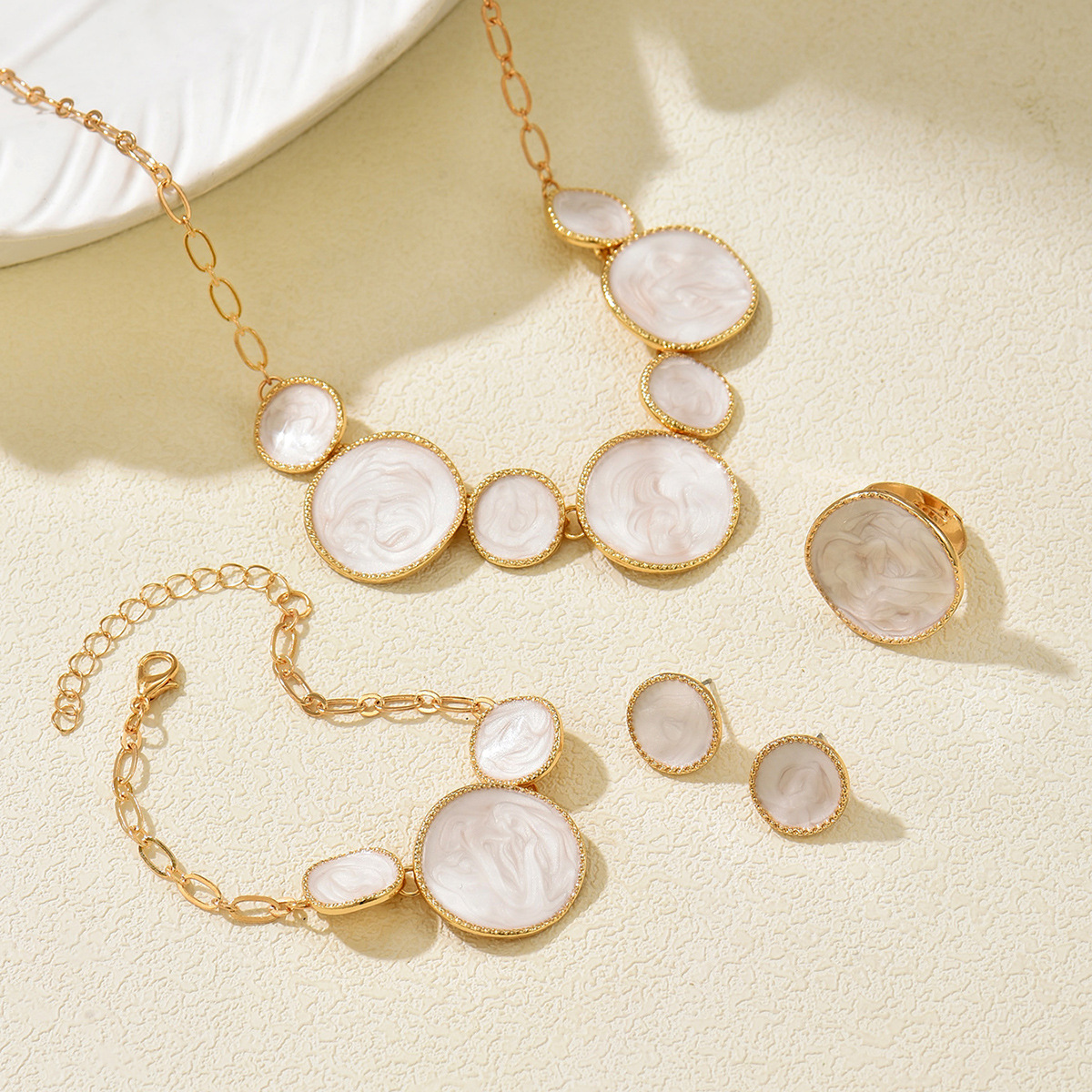 Elegant French Gold Color White Enamel Jewelry Set Women Dainty Round Necklace Bracelet Earrings Ring Party Jewelry