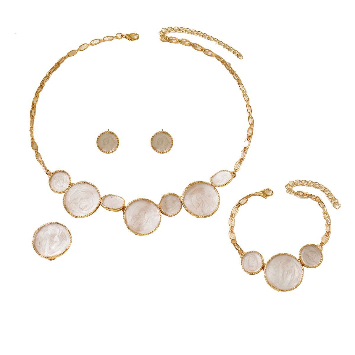 Elegant French Gold Color White Enamel Jewelry Set Women Dainty Round Necklace Bracelet Earrings Ring Party Jewelry