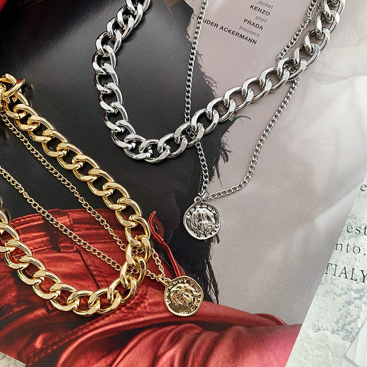European and American retro portrait exaggerated thick chain necklace double-layer personality chain hip-hop necklace short