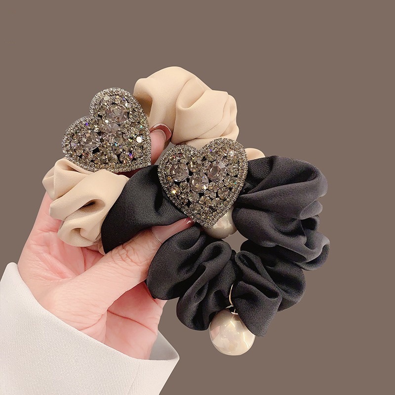 1PC Sparkly Heart Scrunchies, Black/Beige With Rhinestone & Pearl Decor, Elegant Retro-Style Hair Ties For Women