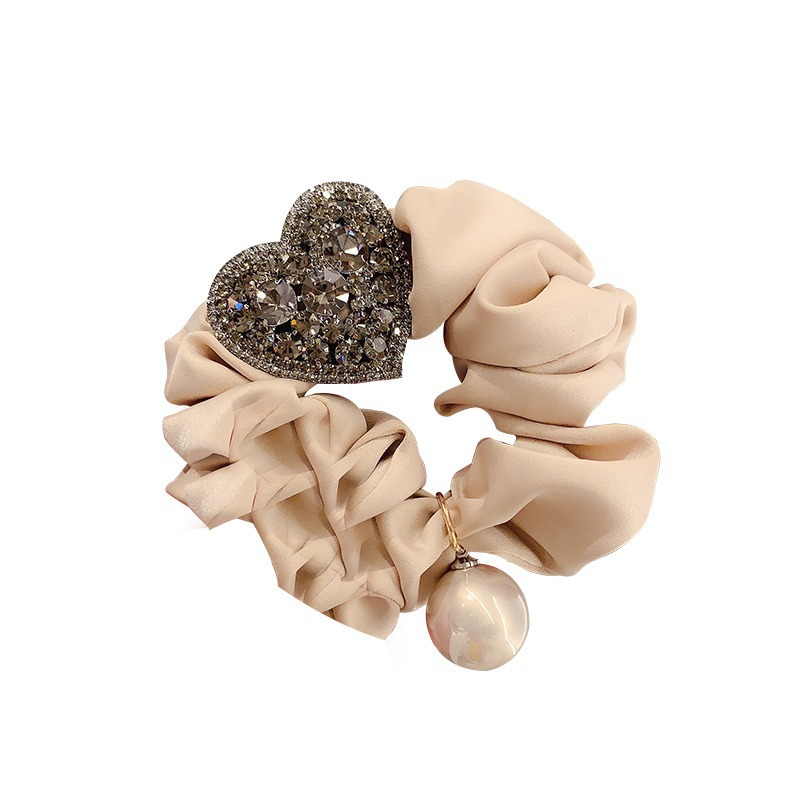 1PC Sparkly Heart Scrunchies, Black/Beige With Rhinestone & Pearl Decor, Elegant Retro-Style Hair Ties For Women