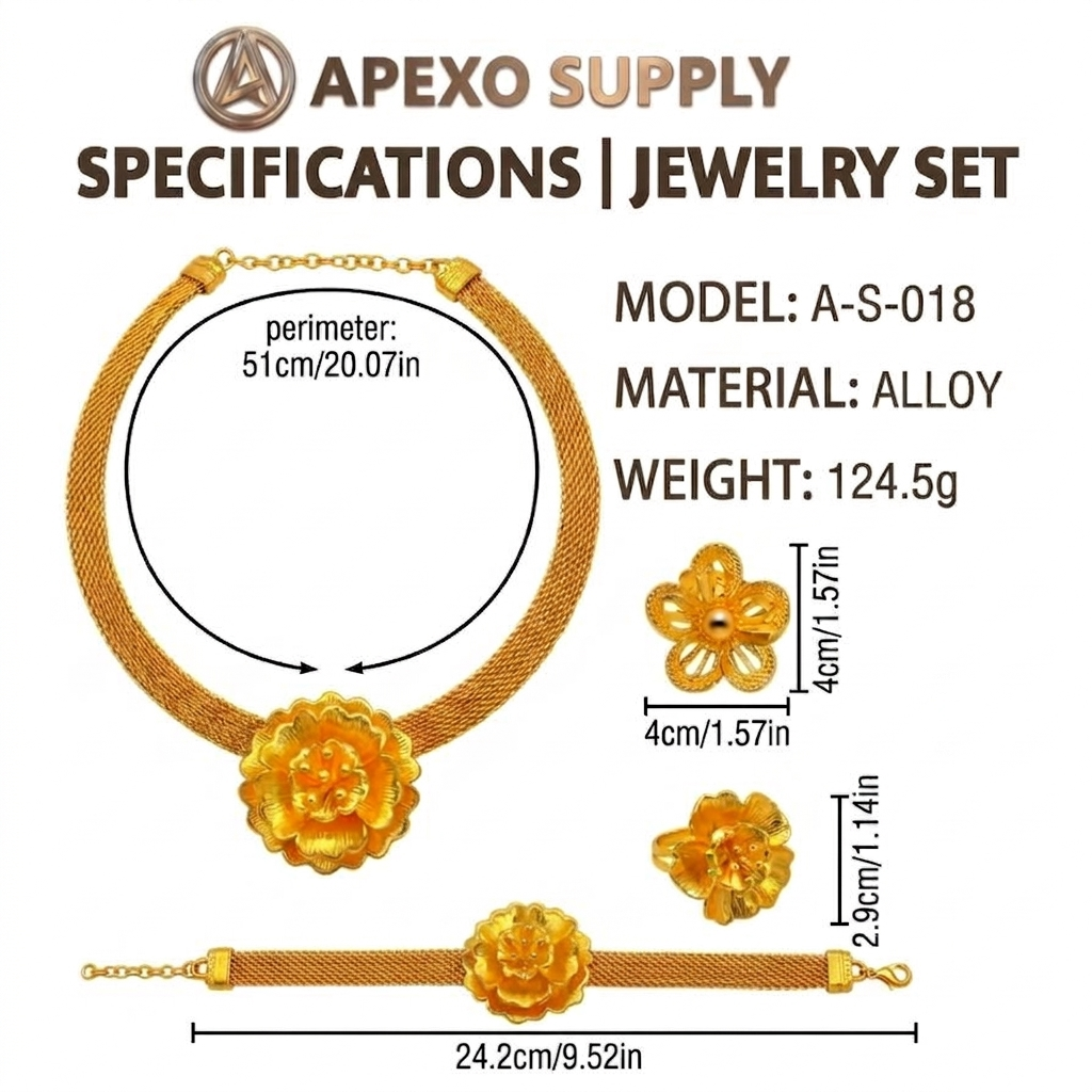 APEXO Dubai Gold Jewelry Set for Women Luxury 24K Plated Hollow Mesh Flower Necklace Bracelet Earrings Ring Wedding 4PCS