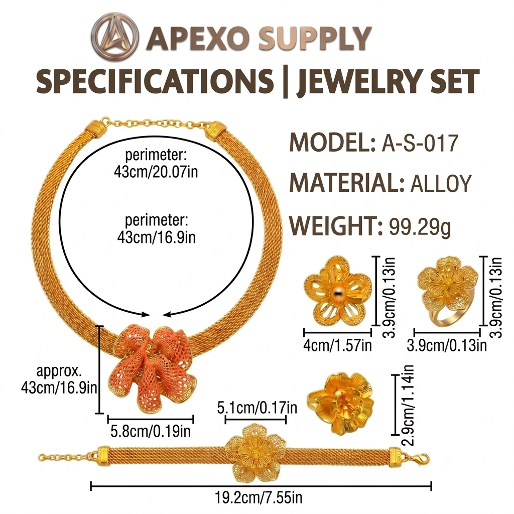APEXO Dubai Gold Jewelry Set for Women Luxury 24K Plated Hollow Mesh Flower Necklace Bracelet Earrings Ring Wedding 4PCS
