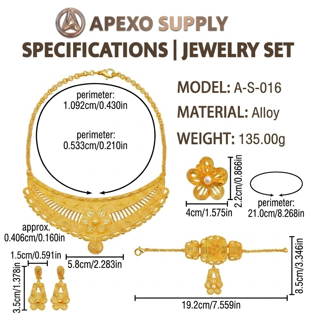 APEXO Dubai Gold Jewelry Set for Women Luxury 24K Plated Flower Stripe Cuff Necklace Bracelet Earrings Ring Wedding 4PCS