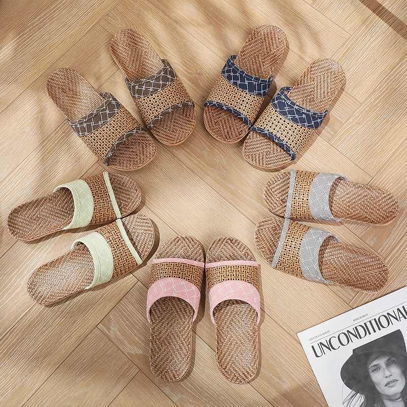 Weaving rattan grass slippers breathable home all season linen slippers women's indoor rattan grass woven bamboo slippers