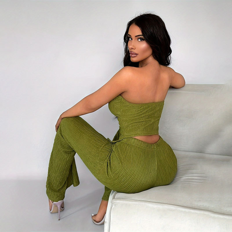 New women's stretch button embellished chest flared casual pants set summer two-piece set