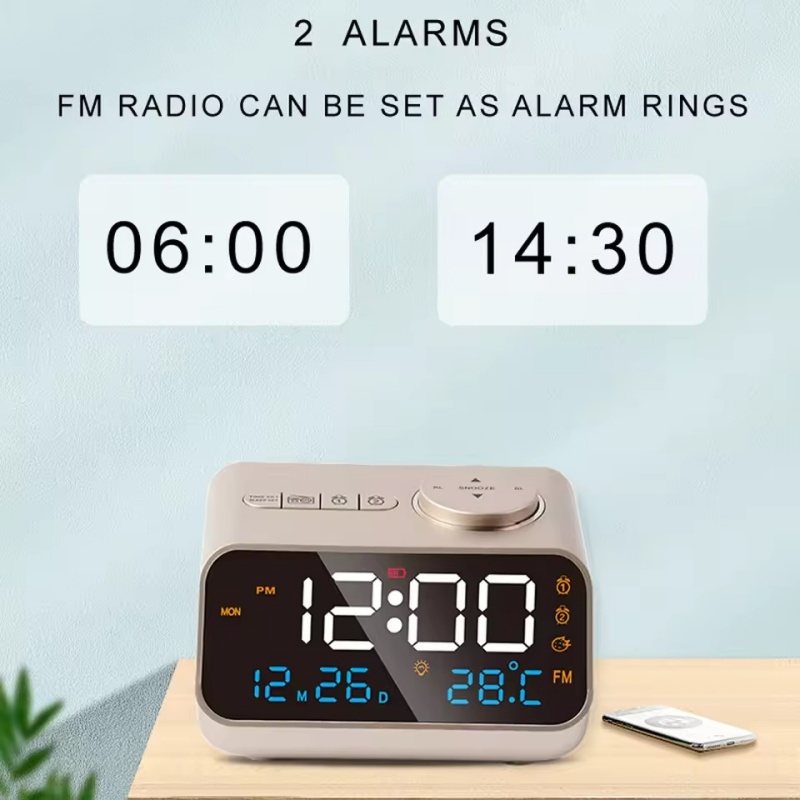 Mordern FM Radio LED Alarm Clock for Bedside Wake Up. Digital Table Calendar with Temperature Thermometer Humidity Hygrometer