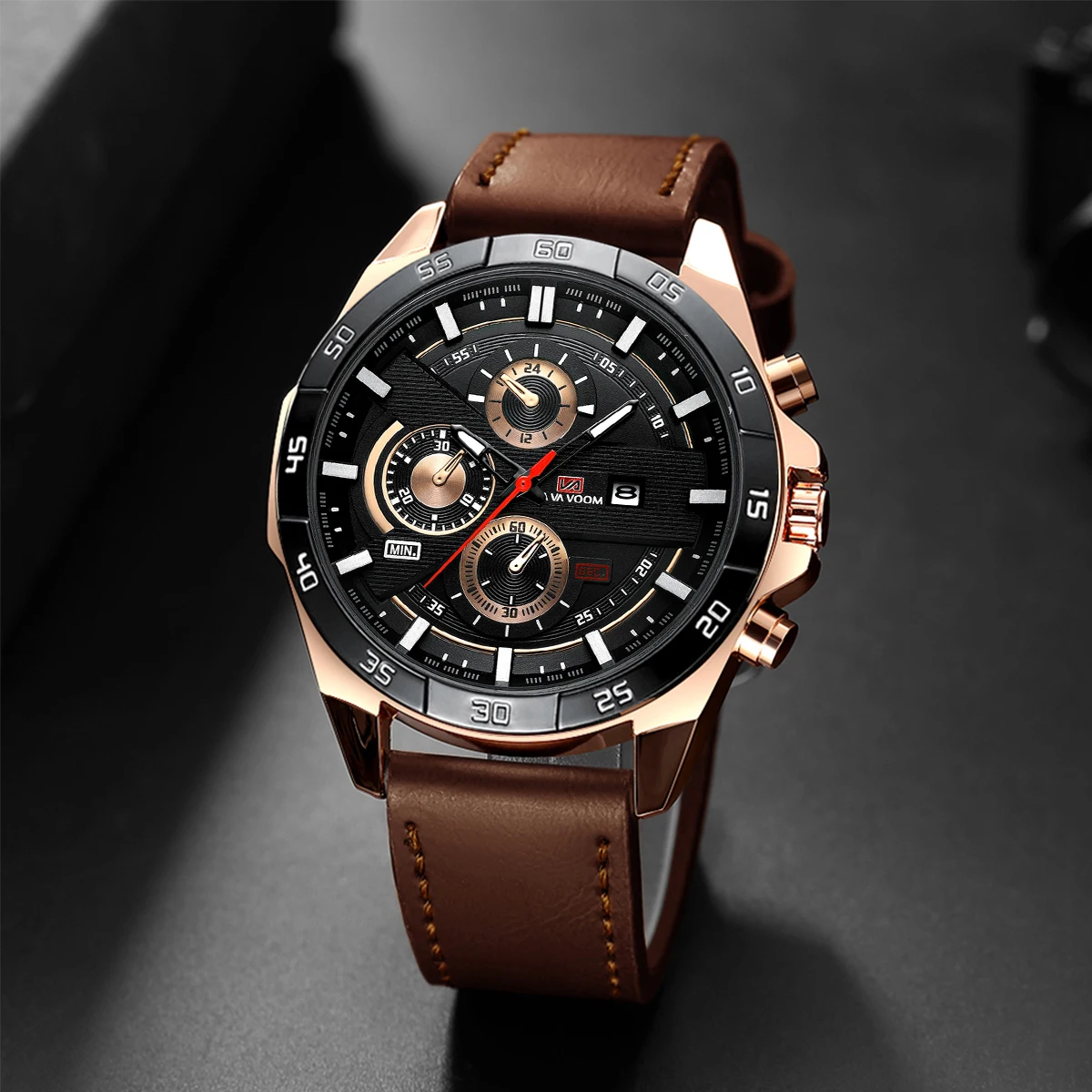 Man Sports Watches Fashion Racing Series 46mm Black Leather Clock VA VA VOOM Quartz Movement 3Bar Waterproof Wrist Watch for Men
