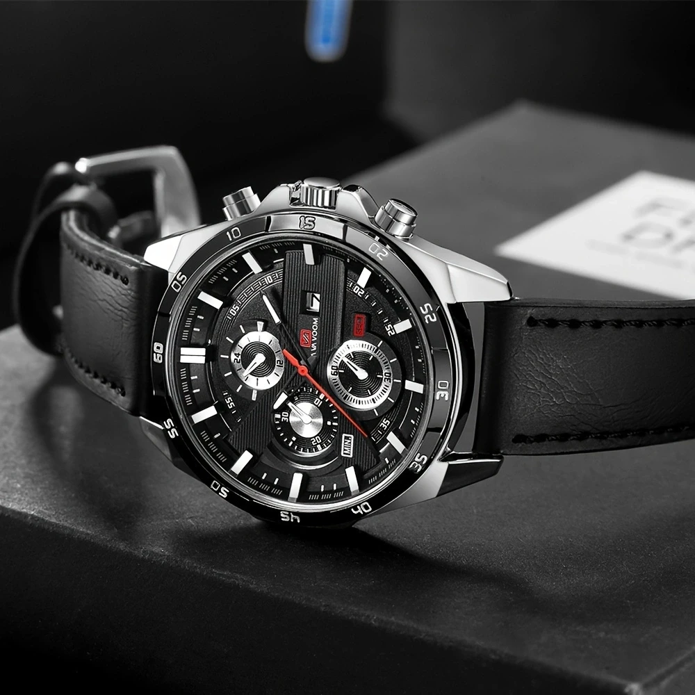 Man Sports Watches Fashion Racing Series 46mm Black Leather Clock VA VA VOOM Quartz Movement 3Bar Waterproof Wrist Watch for Men