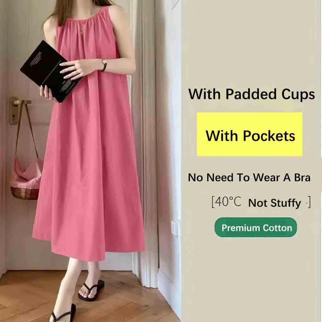Summer Outerwearable Spaghetti Strap Nightgown For Women Cloud Cotton With Chest Pad Sleeveless Midi Nightdress Home Sleepwear