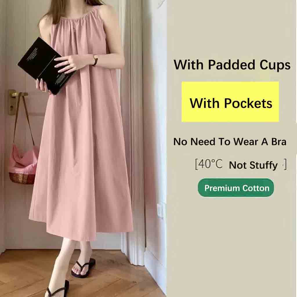 Summer Outerwearable Spaghetti Strap Nightgown For Women Cloud Cotton With Chest Pad Sleeveless Midi Nightdress Home Sleepwear