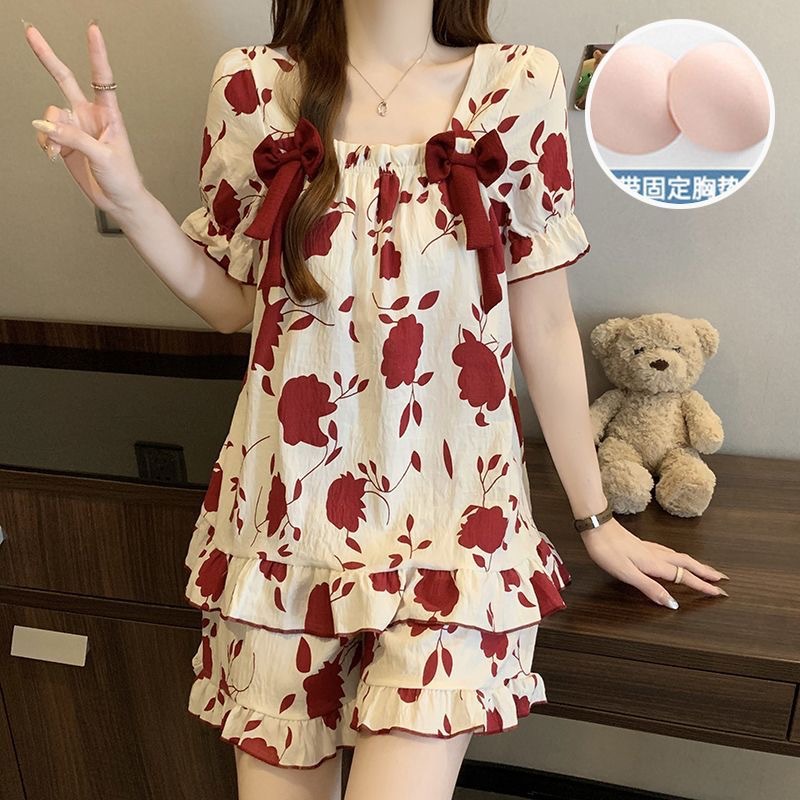 Woman Summer Short-Sleeve Pajamas Chest Pads Lace Girl Student Bowknot Set Women HomeWear Worn Outside Casual Loungewear Lady