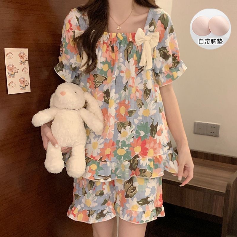 Woman Summer Short-Sleeve Pajamas Chest Pads Lace Girl Student Bowknot Set Women HomeWear Worn Outside Casual Loungewear Lady