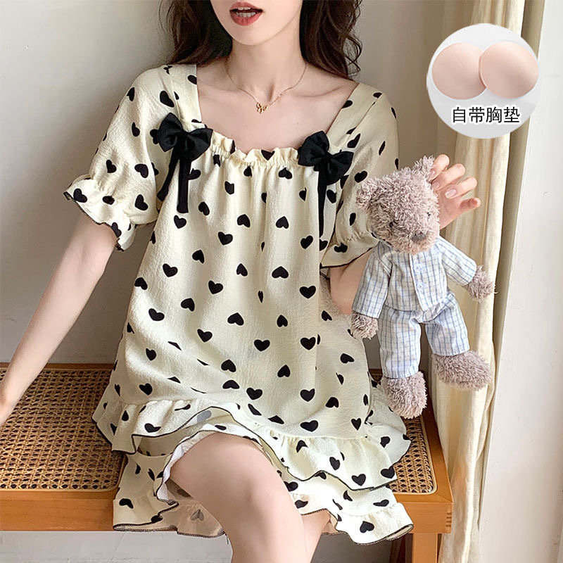Woman Summer Short-Sleeve Pajamas Chest Pads Lace Girl Student Bowknot Set Women HomeWear Worn Outside Casual Loungewear Lady