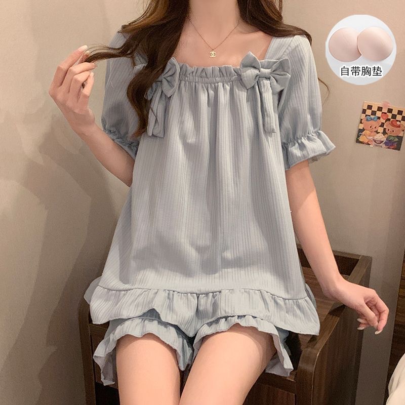 Woman Summer Short-Sleeve Pajamas Chest Pads Lace Girl Student Bowknot Set Women HomeWear Worn Outside Casual Loungewear Lady