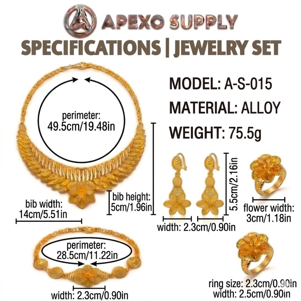 APEXO Dubai Gold Jewelry Set for Women Luxury 24K Plated Flower Leaf Tassel Necklace Bracelet Earrings Ring Wedding 4PCS