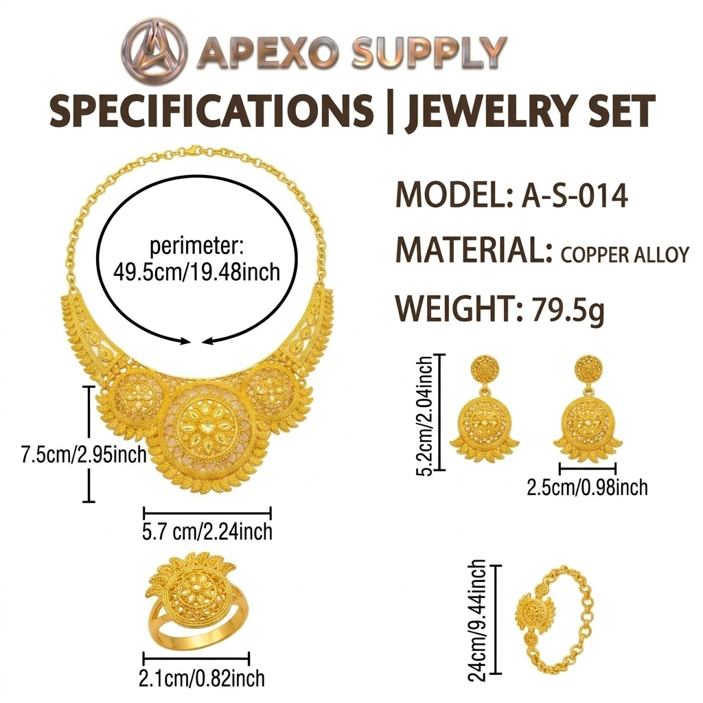 APEXO Dubai Gold Jewelry Set for Women Luxury 24K Plated Vintage Hollow Filigree Necklace Bracelet Earrings Ring Wedding 4PCS