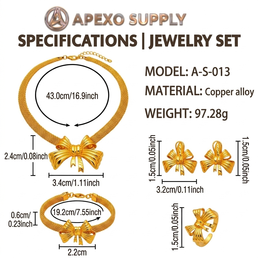 APEXO Dubai Gold Jewelry Set for Women Luxury 24K Plated Bow Knot Choker Necklace Bracelet Earrings Ring Wedding Jewelry 4PCS