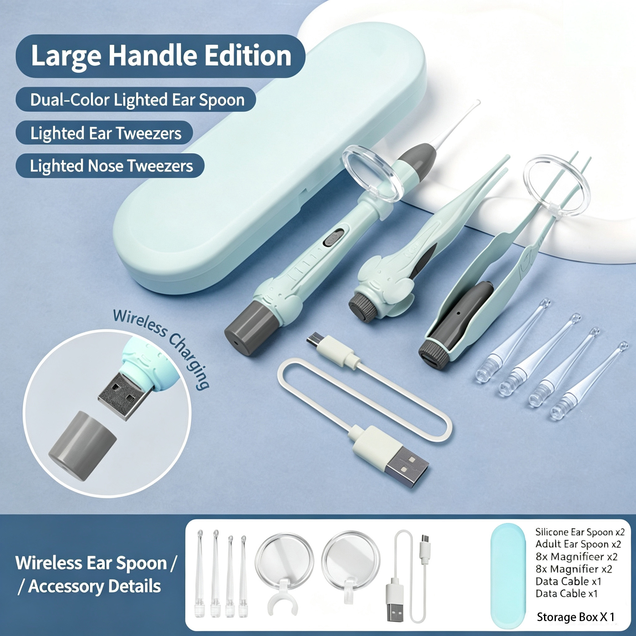 Baby Ear Cleaner LED Light Ear Pick Tweezers Nose Clip Set USB Rechargeable Safe Ear Wax Removal Tool for Kids Adults