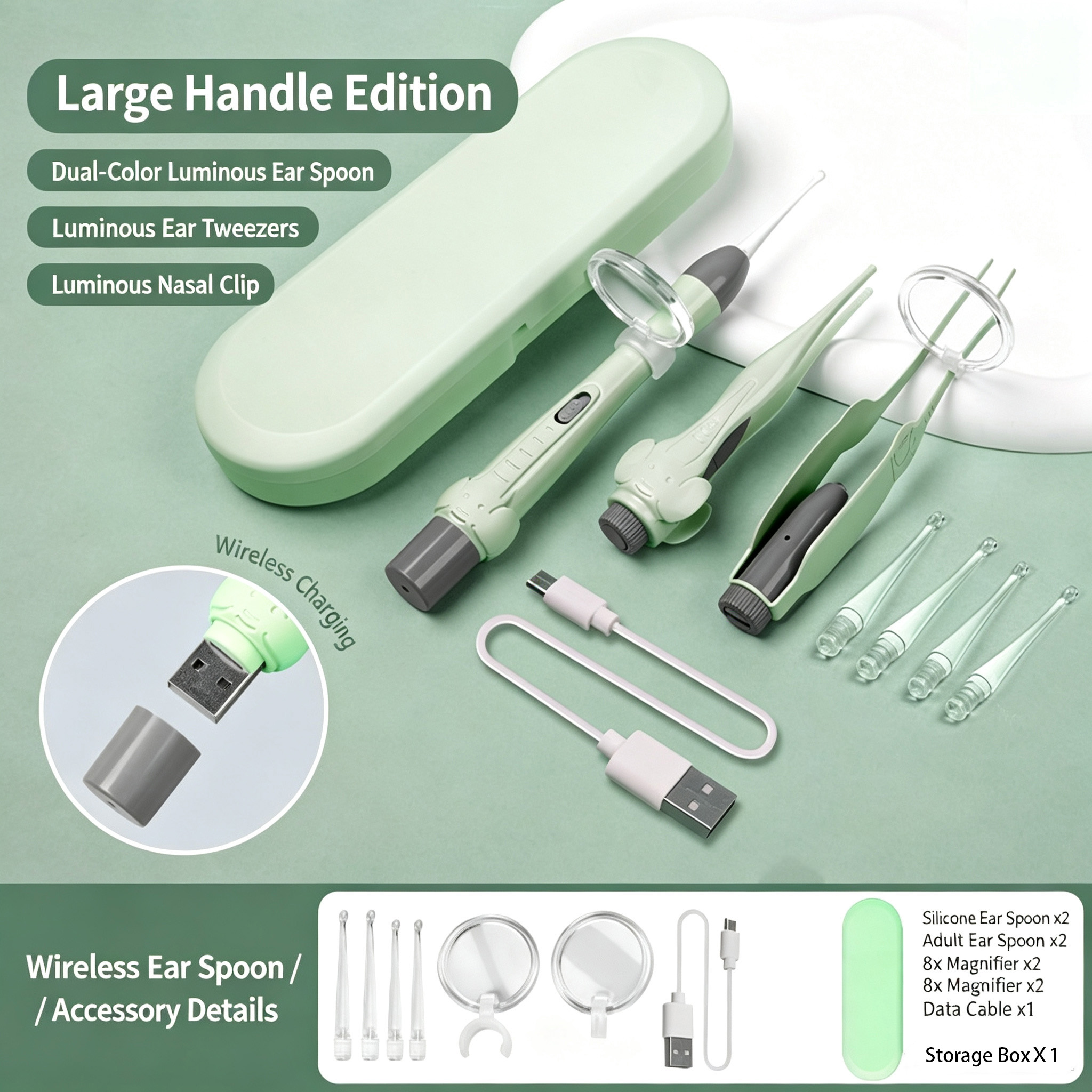 Baby Ear Cleaner LED Light Ear Pick Tweezers Nose Clip Set USB Rechargeable Safe Ear Wax Removal Tool for Kids Adults