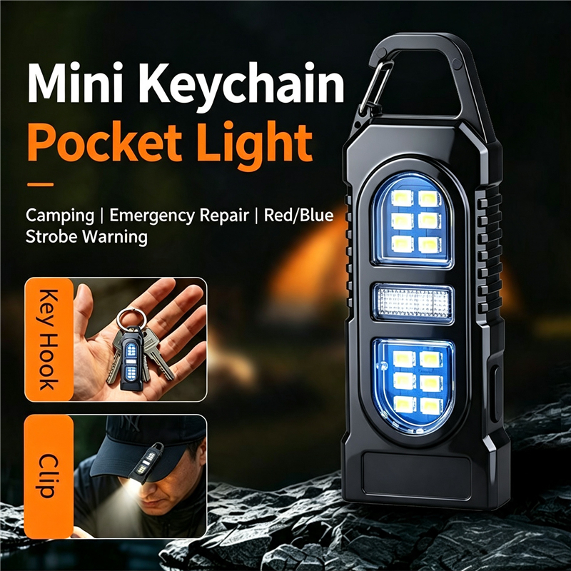 Mini Keychain Flashlight Rechargeable COB Work Light Clip Cap Lamp Type-C Waterproof Pocket Camping Emergency Black