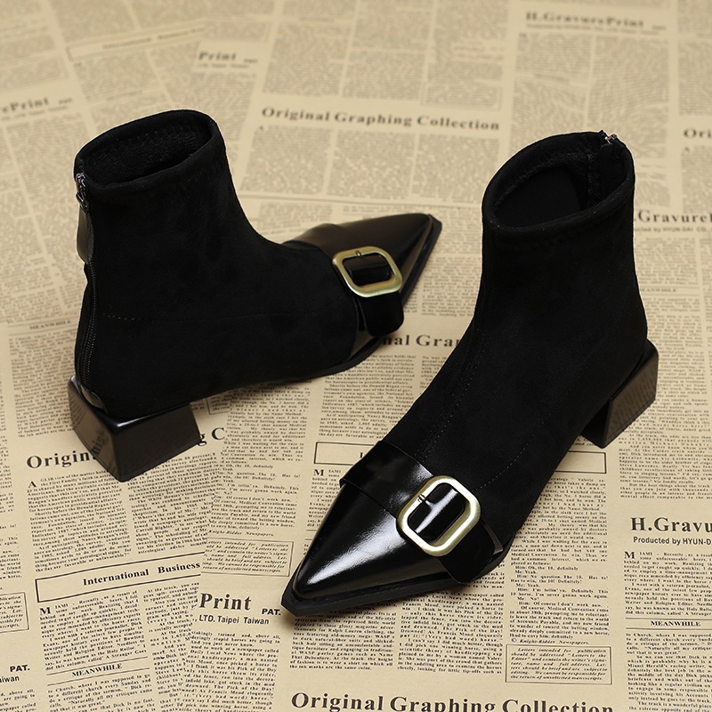 Women's New Fashion Autumn Winter Pointed Toe Mid Low Ankle Boots Ladies Chunky Thick High Heel Retro Elegant Walking Pumps
