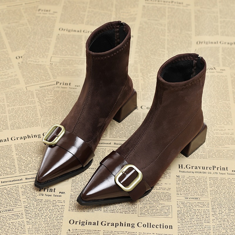 Women's New Fashion Autumn Winter Pointed Toe Mid Low Ankle Boots Ladies Chunky Thick High Heel Retro Elegant Walking Pumps