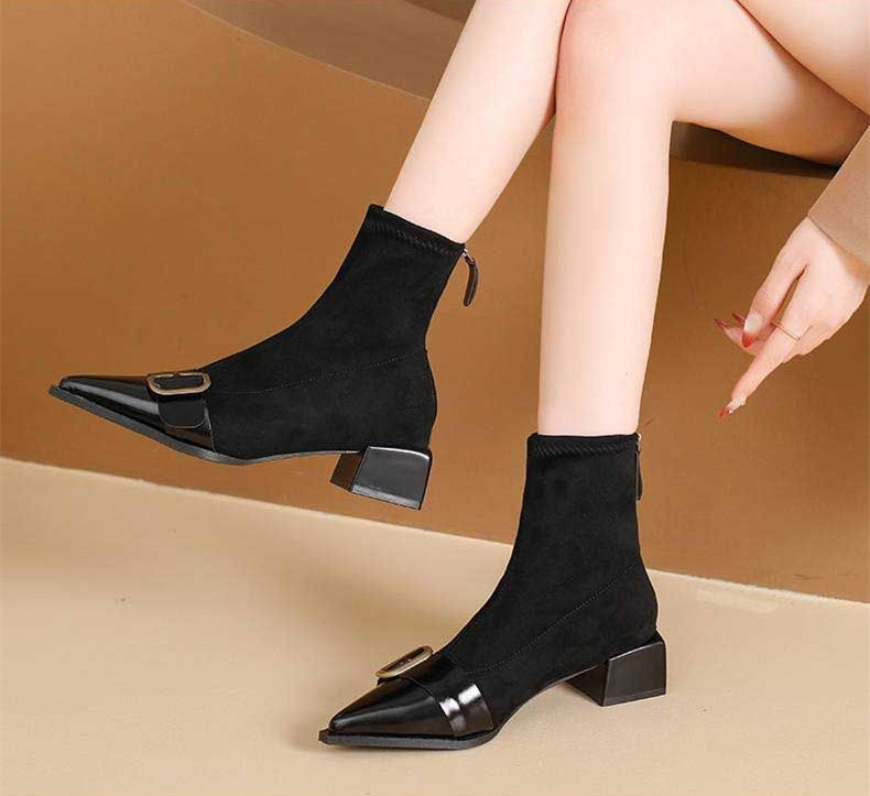 Women's New Fashion Autumn Winter Pointed Toe Mid Low Ankle Boots Ladies Chunky Thick High Heel Retro Elegant Walking Pumps