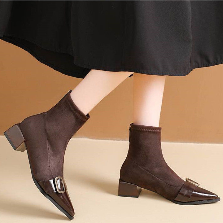 Women's New Fashion Autumn Winter Pointed Toe Mid Low Ankle Boots Ladies Chunky Thick High Heel Retro Elegant Walking Pumps