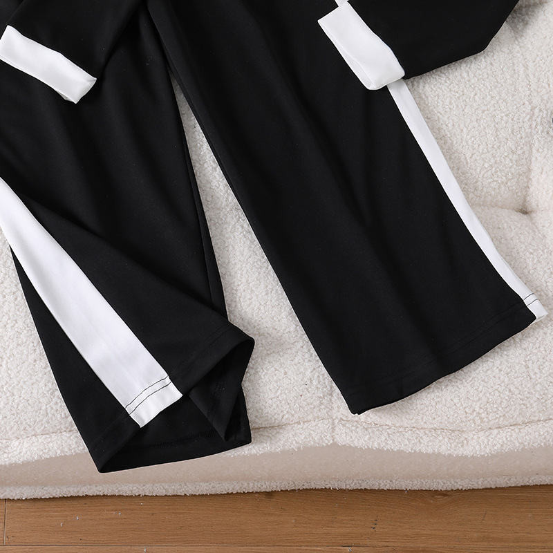 European and American style fashion Girls' round black and white contrasting splicing long sleeved short top sweatpants 2pcs/set