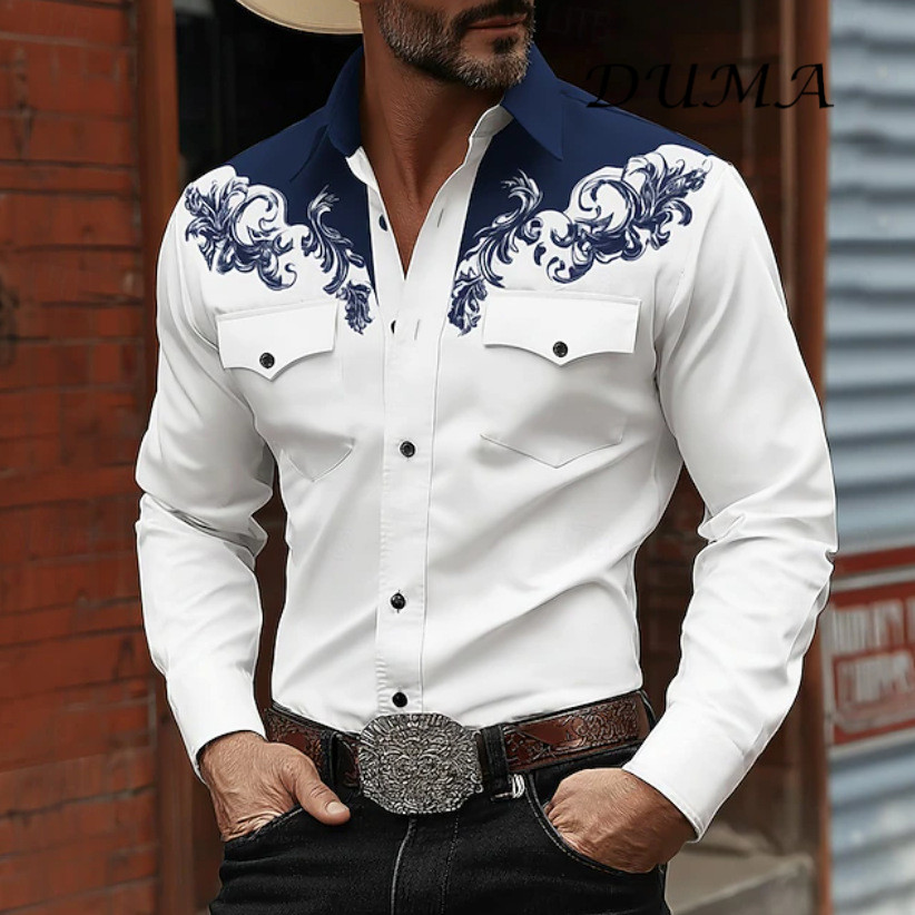 "DUMA" Cowboy Style Men Long Sleeve Shirt, 3D Digital Printed Fashion Casual Button Down Shirt