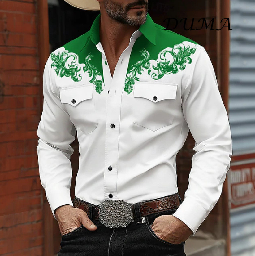 "DUMA" Cowboy Style Men Long Sleeve Shirt, 3D Digital Printed Fashion Casual Button Down Shirt