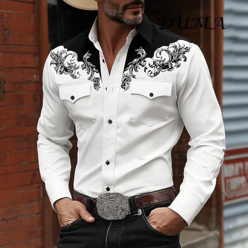 "DUMA" Cowboy Style Men Long Sleeve Shirt, 3D Digital Printed Fashion Casual Button Down Shirt