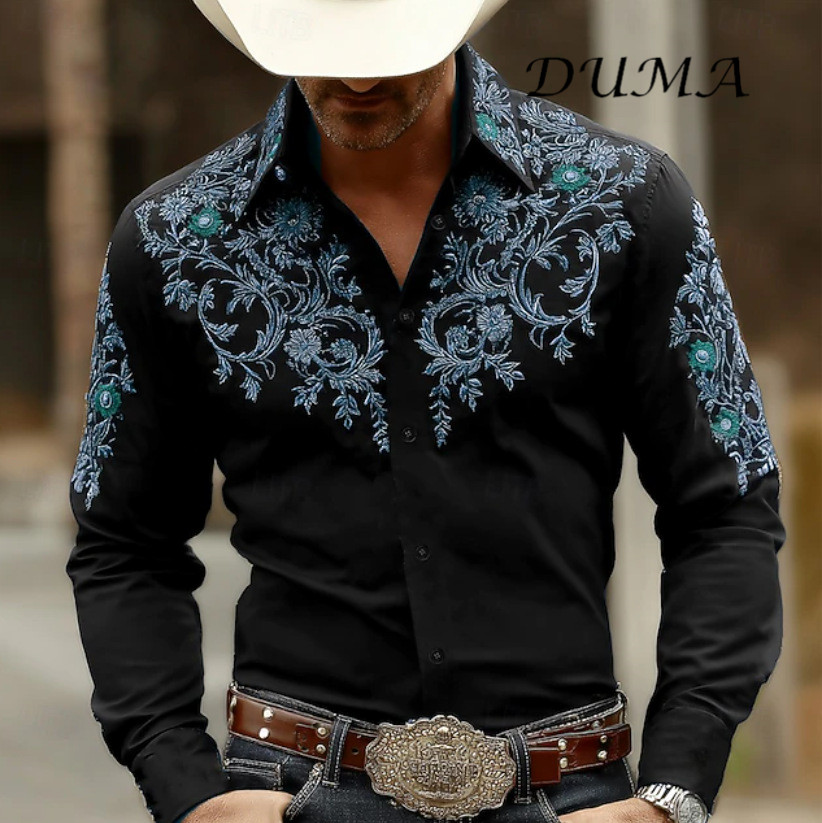"DUMA" Cowboy Style Men Long Sleeve Shirt, 3D Digital Printed Fashion Casual Button Down Shirt