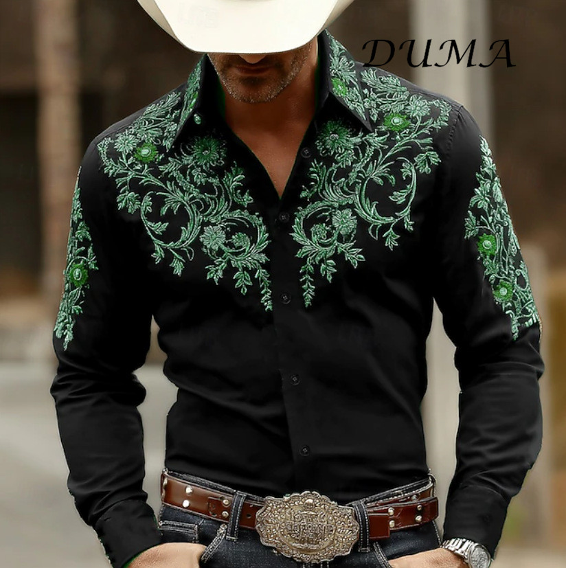 "DUMA" Cowboy Style Men Long Sleeve Shirt, 3D Digital Printed Fashion Casual Button Down Shirt