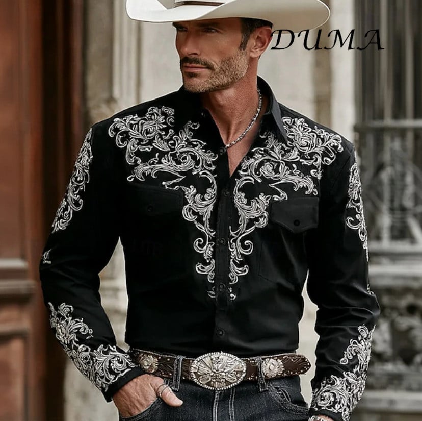 "DUMA" Cowboy Style Men Long Sleeve Shirt, 3D Digital Printed Fashion Casual Button Down Shirt
