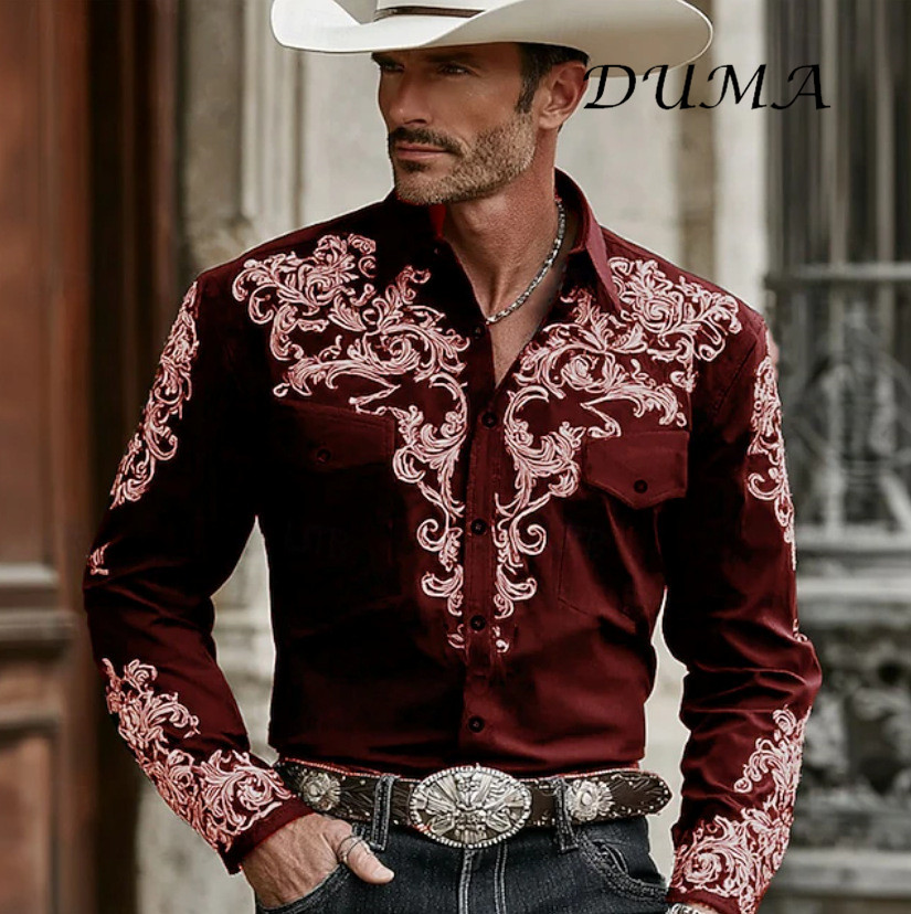 "DUMA" Cowboy Style Men Long Sleeve Shirt, 3D Digital Printed Fashion Casual Button Down Shirt