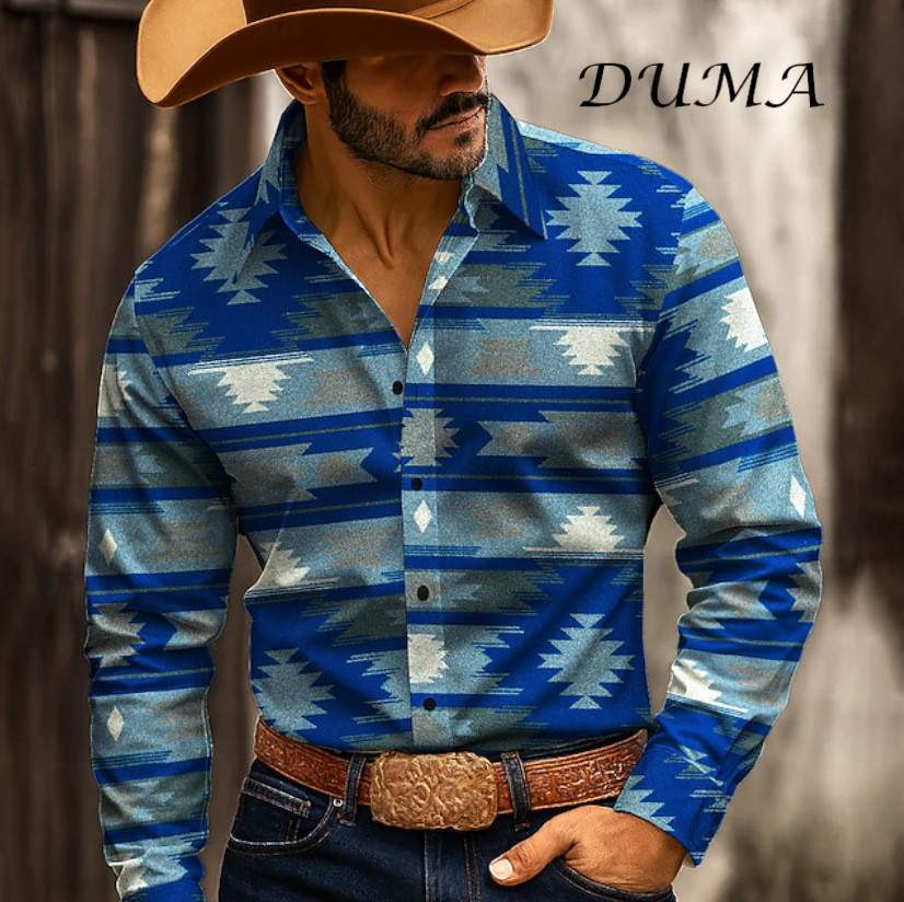 "DUMA" Cowboy Style Men Long Sleeve Shirt, 3D Digital Printed Fashion Casual Button Down Shirt