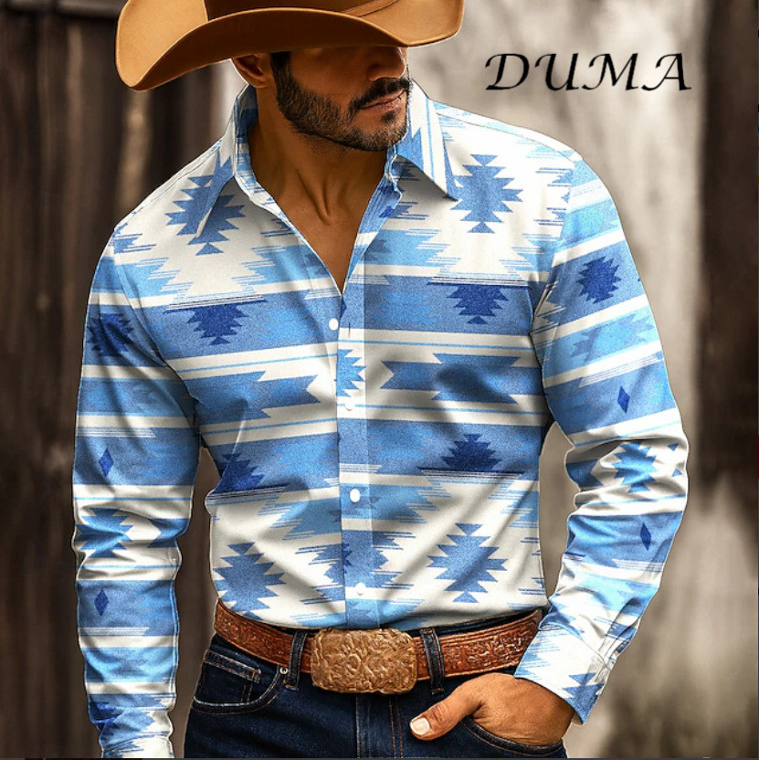 "DUMA" Cowboy Style Men Long Sleeve Shirt, 3D Digital Printed Fashion Casual Button Down Shirt