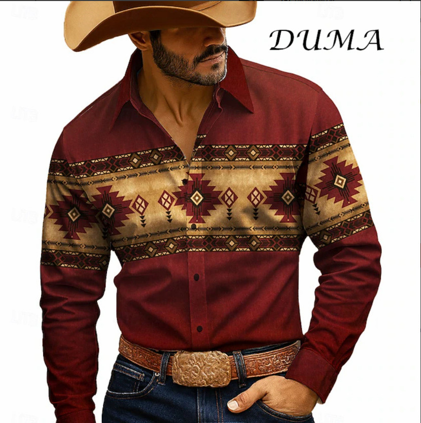 "DUMA" Cowboy Style Men Long Sleeve Shirt, 3D Digital Printed Fashion Casual Button Down Shirt