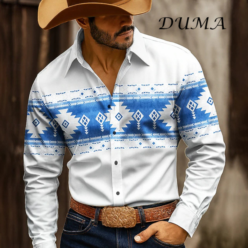 "DUMA" Cowboy Style Men Long Sleeve Shirt, 3D Digital Printed Fashion Casual Button Down Shirt