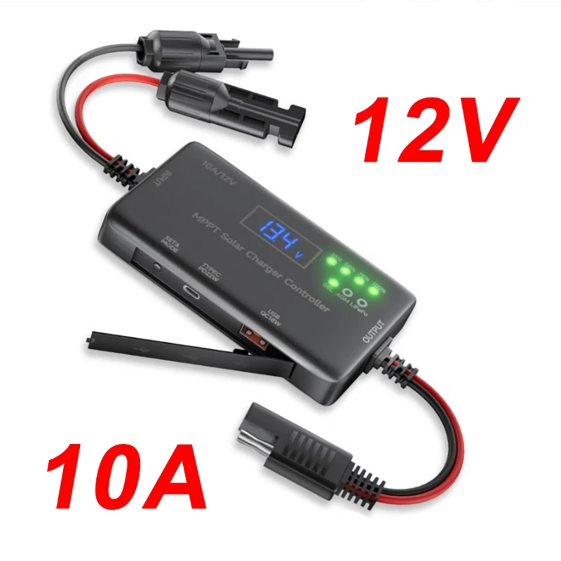 MPPT Solar Charge Controller 10A 12V, Solar Panel Controller Featuring Type-C Input, USB Output For Lifepo Battery