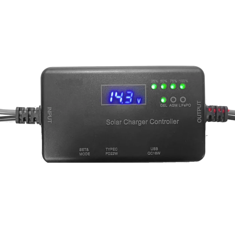 MPPT Solar Charge Controller 10A 12V, Solar Panel Controller Featuring Type-C Input, USB Output For Lifepo Battery