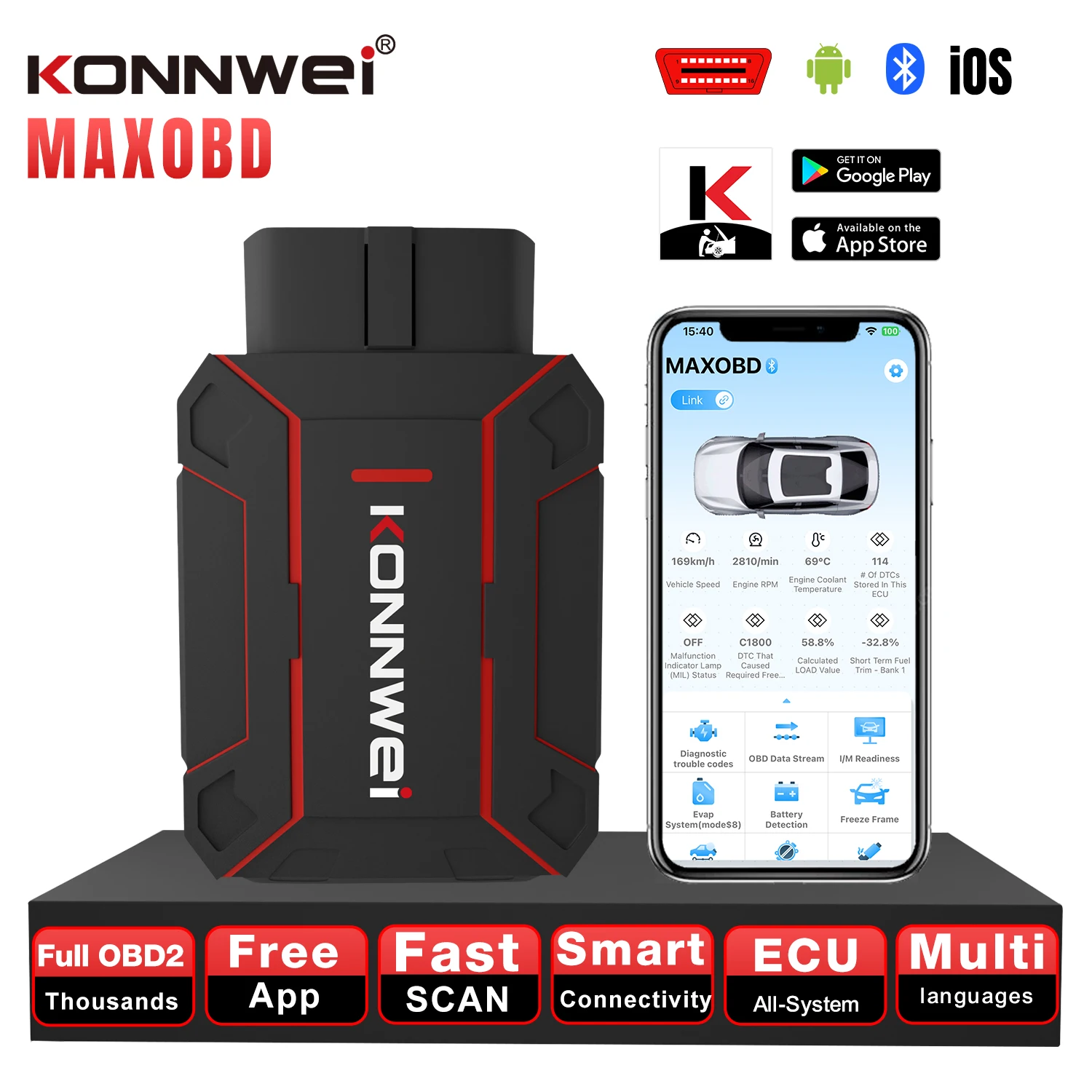 KONNWEI MAXOBD Bluetooth 5.2 OBDII Car Full System Diagnostic Scanner Tools Engine Airbag ABS Live Data Stream Auto Scanner