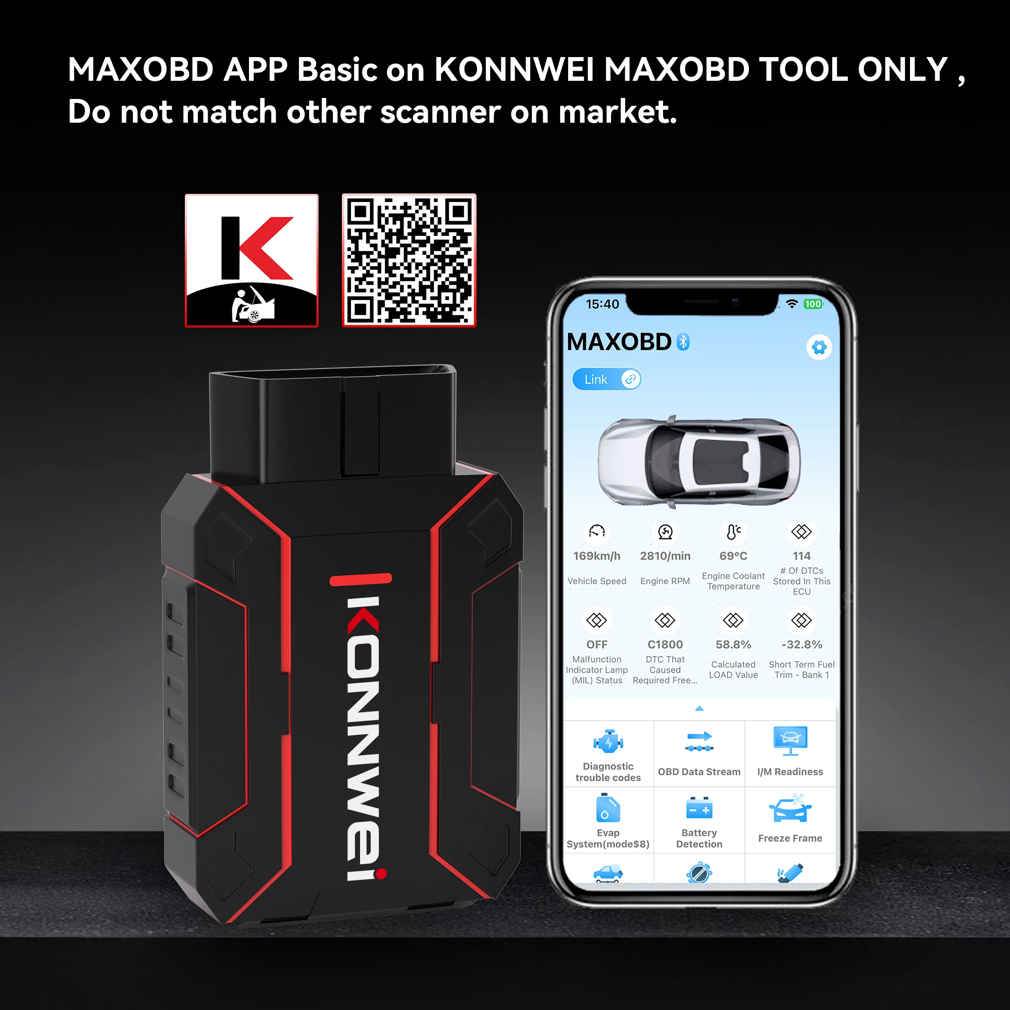 KONNWEI MAXOBD Bluetooth 5.2 OBDII Car Full System Diagnostic Scanner Tools Engine Airbag ABS Live Data Stream Auto Scanner