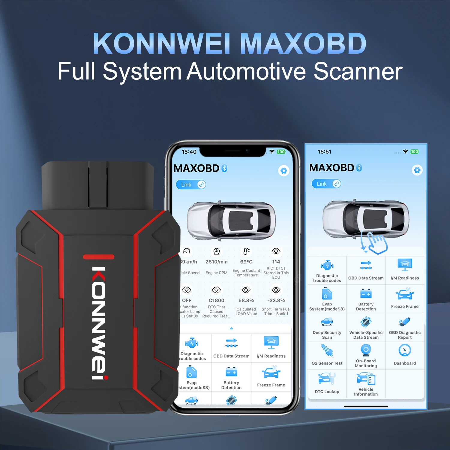 KONNWEI MAXOBD Bluetooth 5.2 OBDII Car Full System Diagnostic Scanner Tools Engine Airbag ABS Live Data Stream Auto Scanner