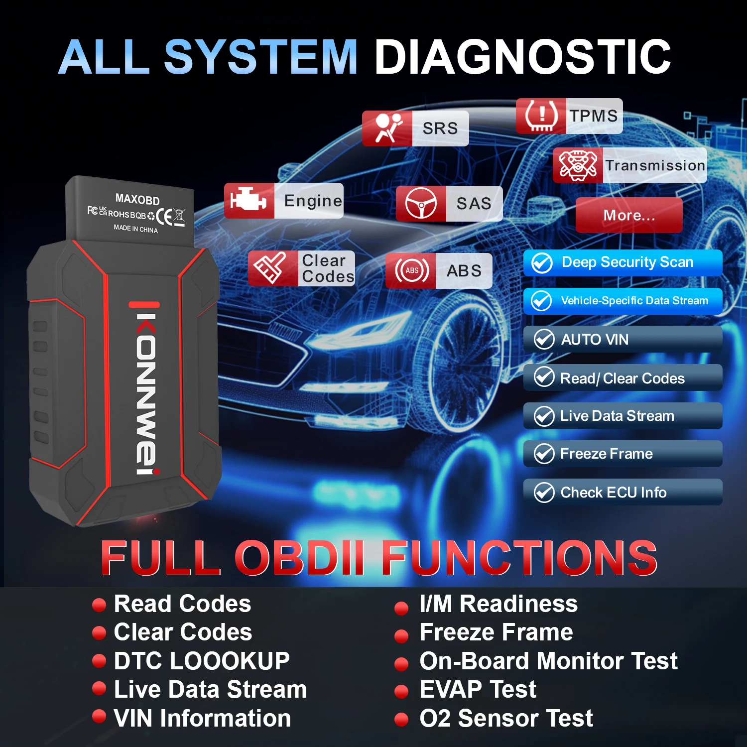 KONNWEI MAXOBD Bluetooth 5.2 OBDII Car Full System Diagnostic Scanner Tools Engine Airbag ABS Live Data Stream Auto Scanner