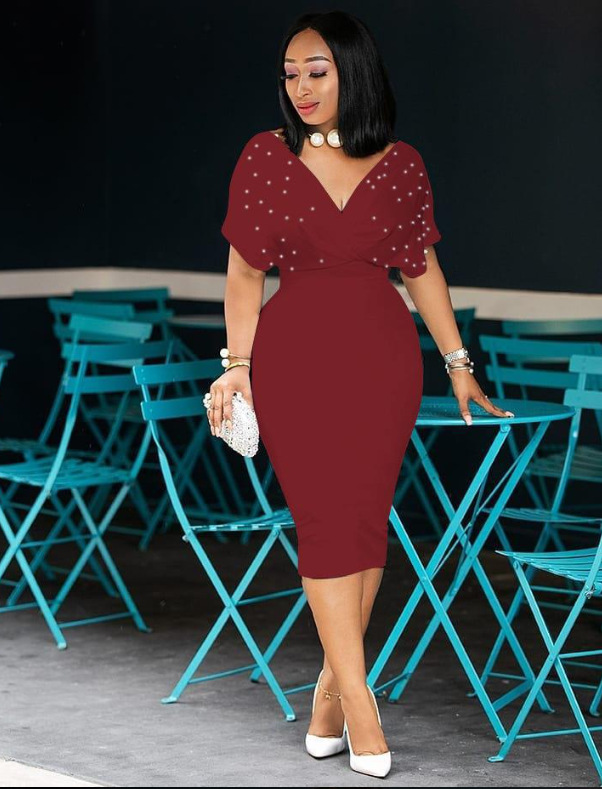 European and American fashion Women's solid color strapless V-neck half sleeved back zipper bubble bead dress